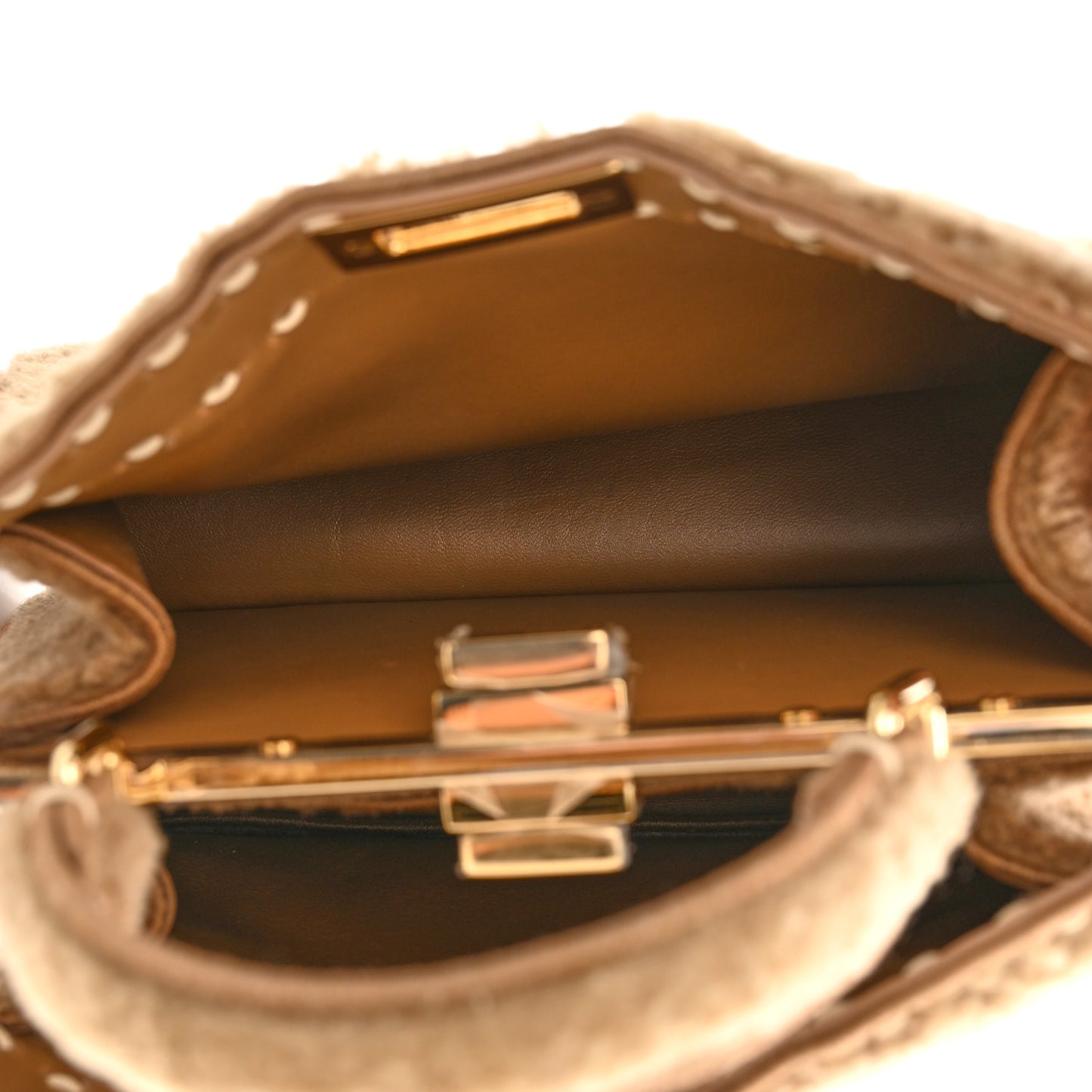 Curly Shearling Shiny Nappa Small Peekaboo I SEE U Satchel Camel