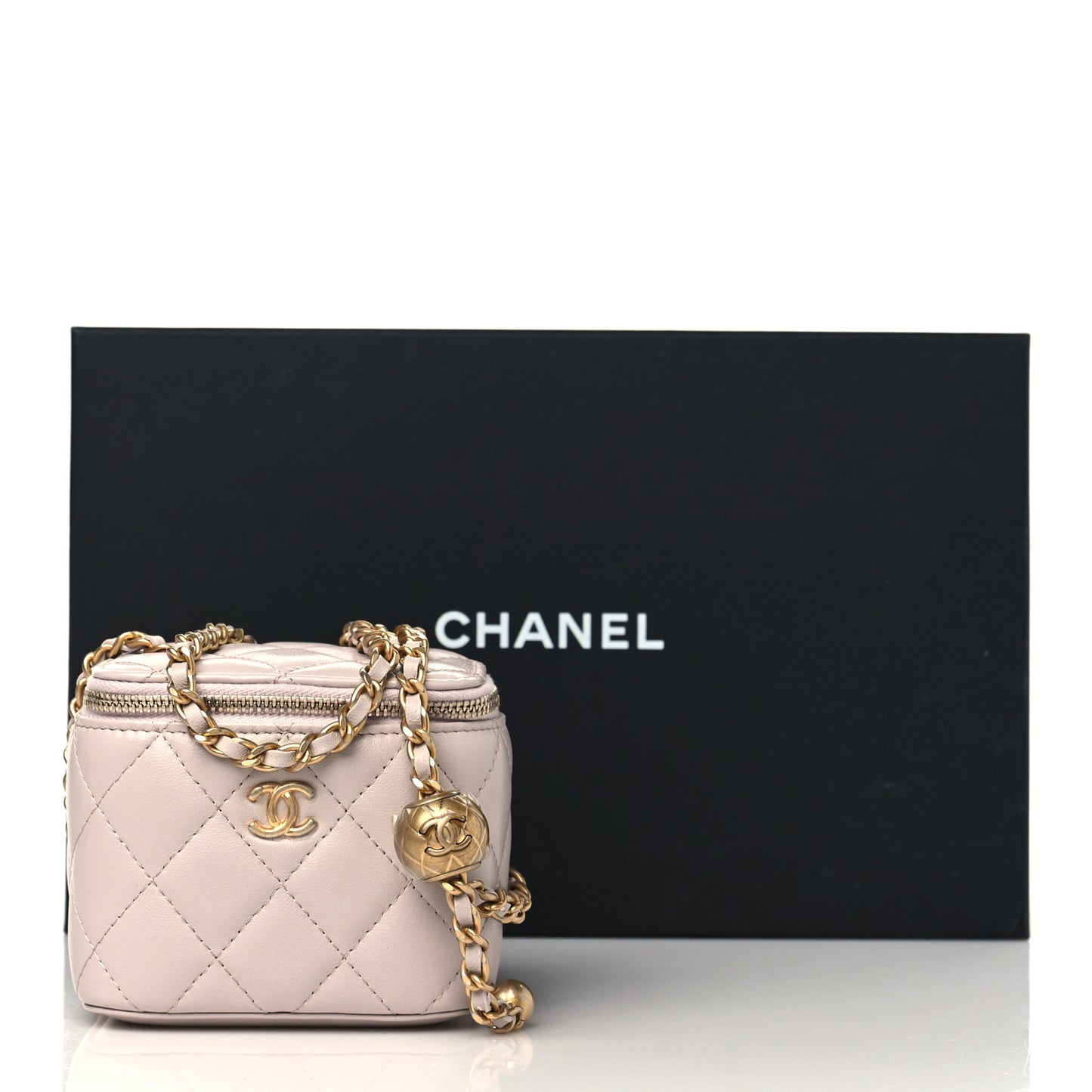 Lambskin Quilted Pearl Crush Mini Vanity Case With Chain Light Purple