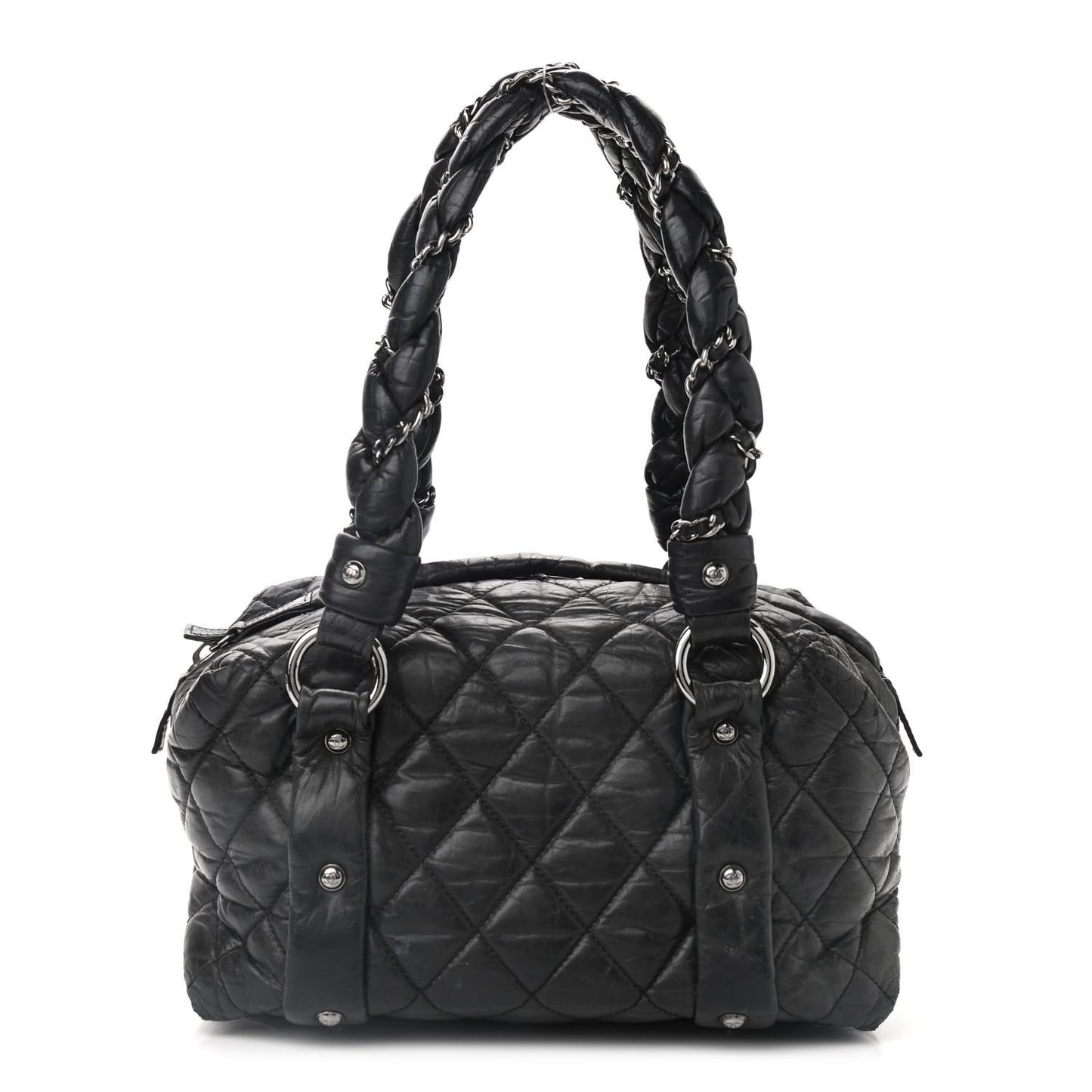 Distressed Lambskin Lady Braid Small Tote Black