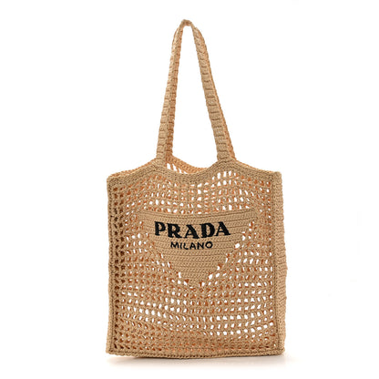 Prada Yarn Raffia Effect Crochet Logo Embroidered Tote Bag Naturale 1 of 10