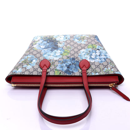 Gucci GG Supreme Monogram Blooms Medium Zippered Bucket Tote Beige Blue Navy Hibiscus Red 10 of 11