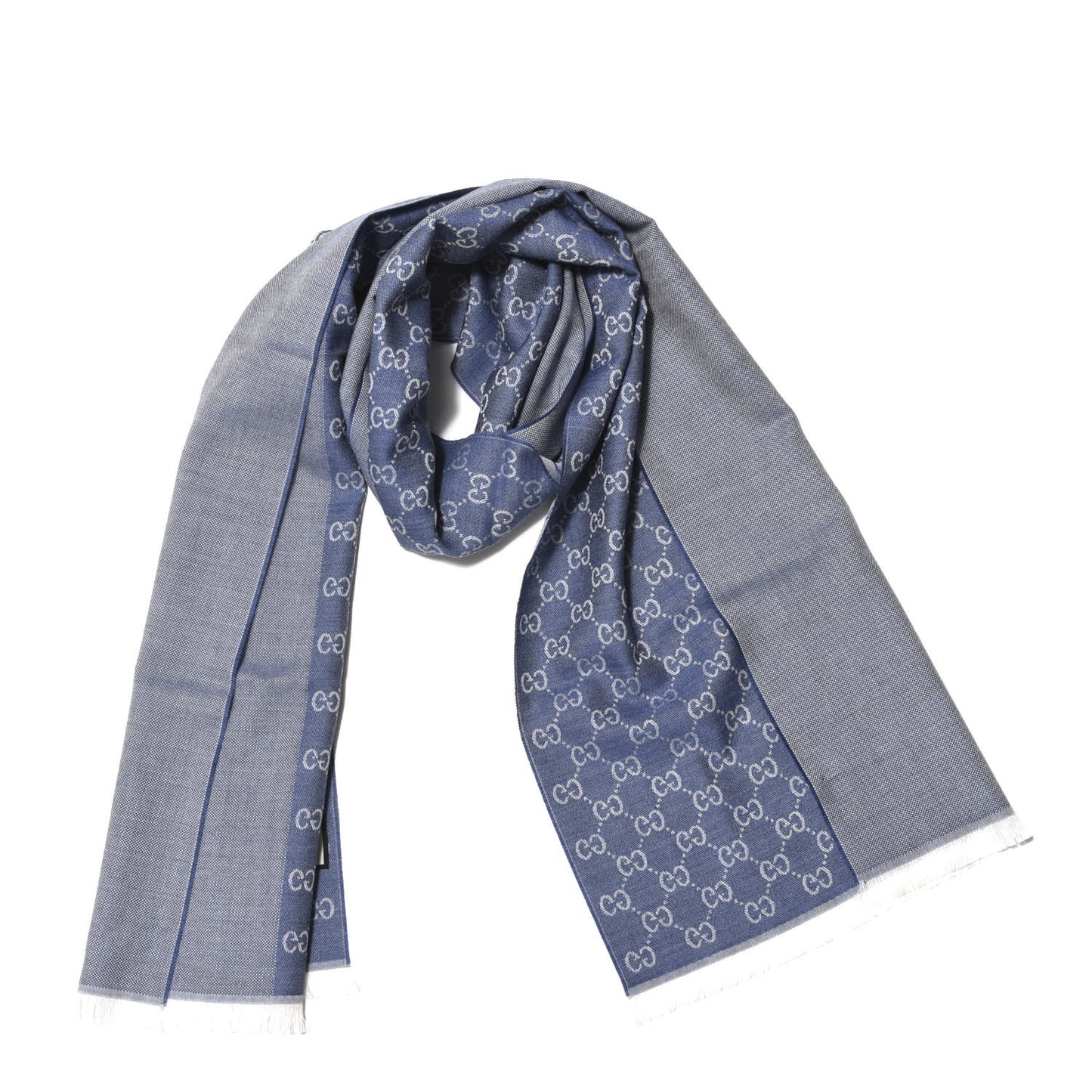 Wool GG Monogram HalfGG Fringe Scarf Ivory Sky Blue