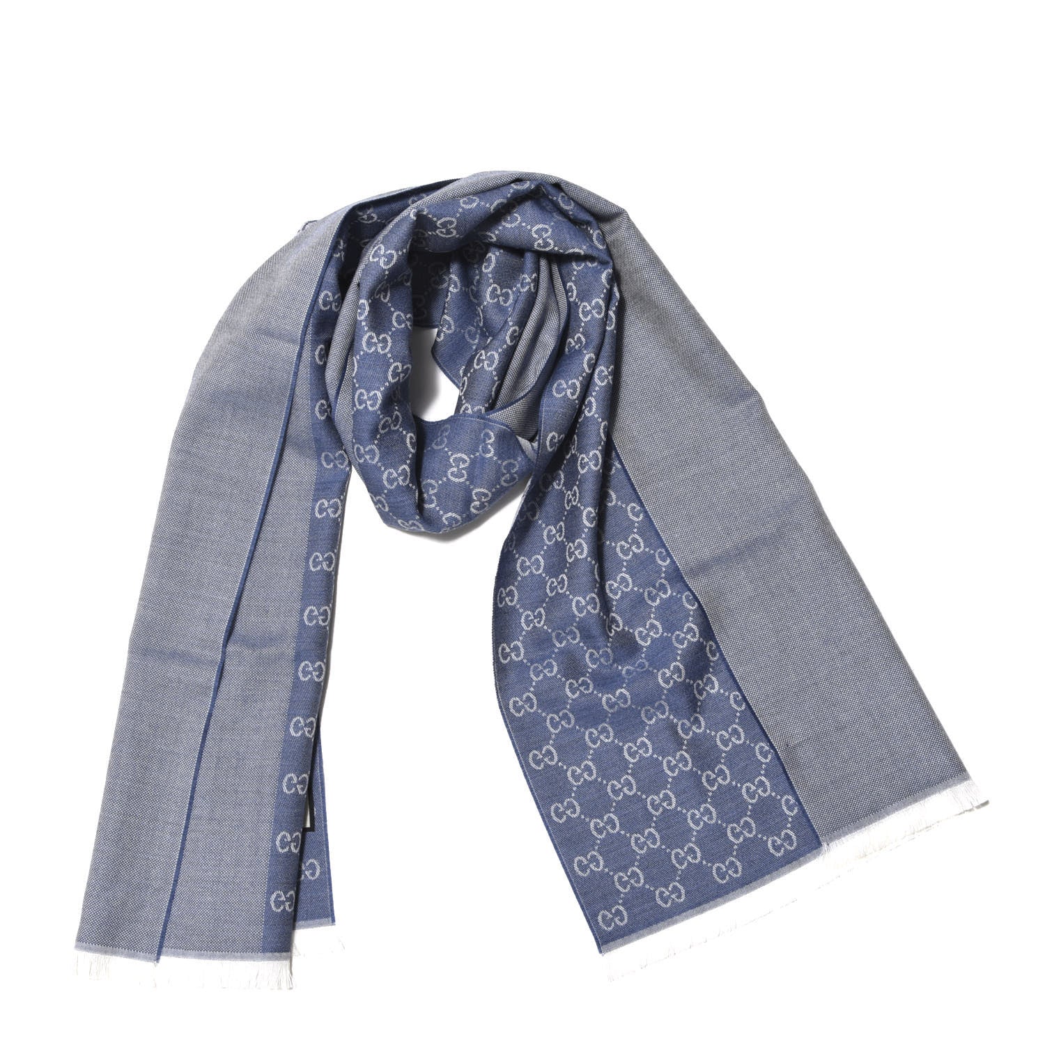 Gucci Wool GG Monogram HalfGG Fringe Scarf Ivory Sky Blue 1 of 4