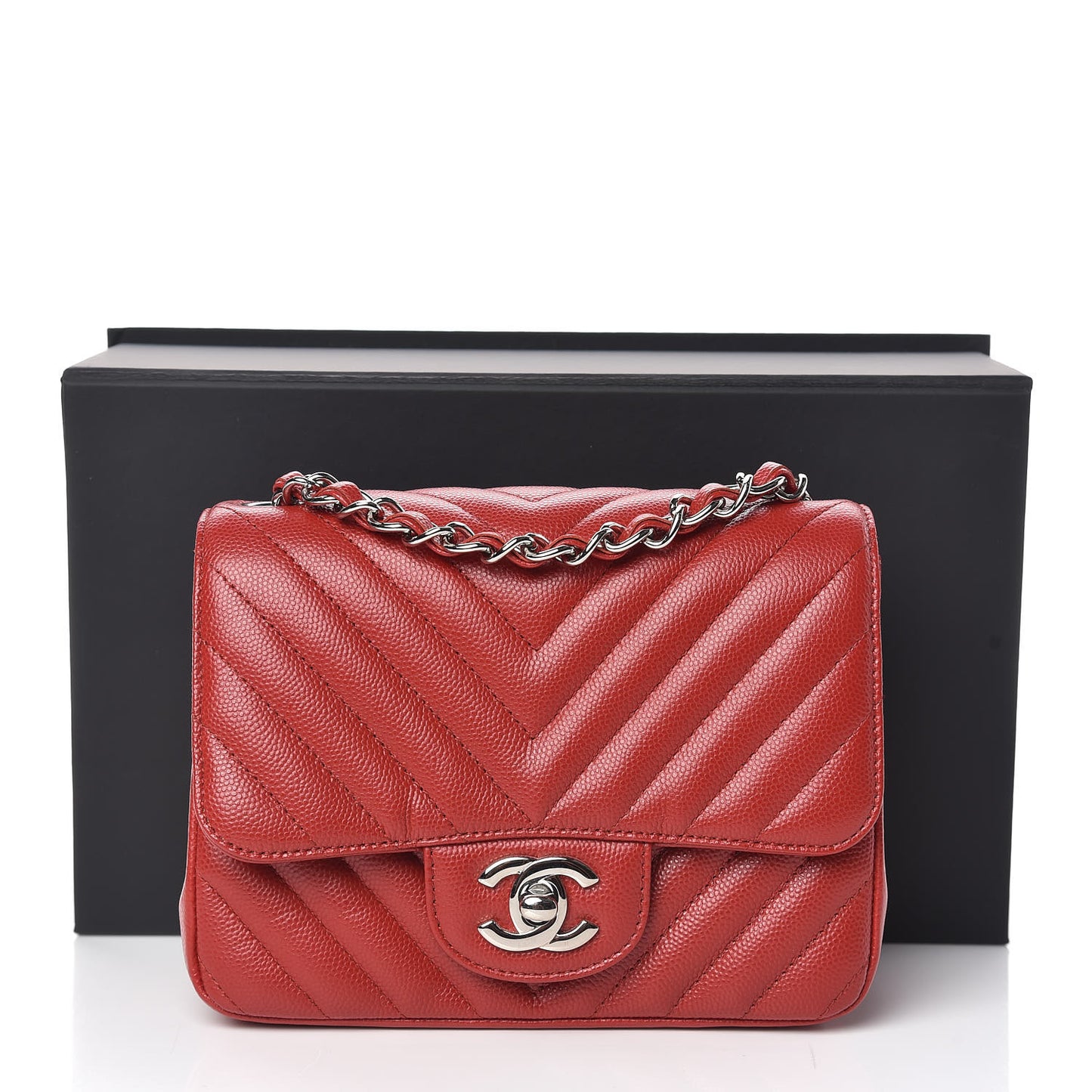Caviar Chevron Quilted Mini Square Flap Dark Red