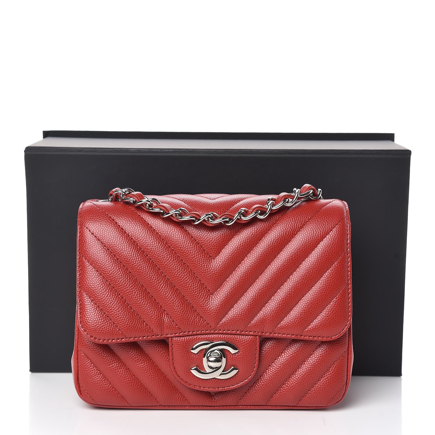Chanel Caviar Chevron Quilted Mini Square Flap Dark Red 11 of 11