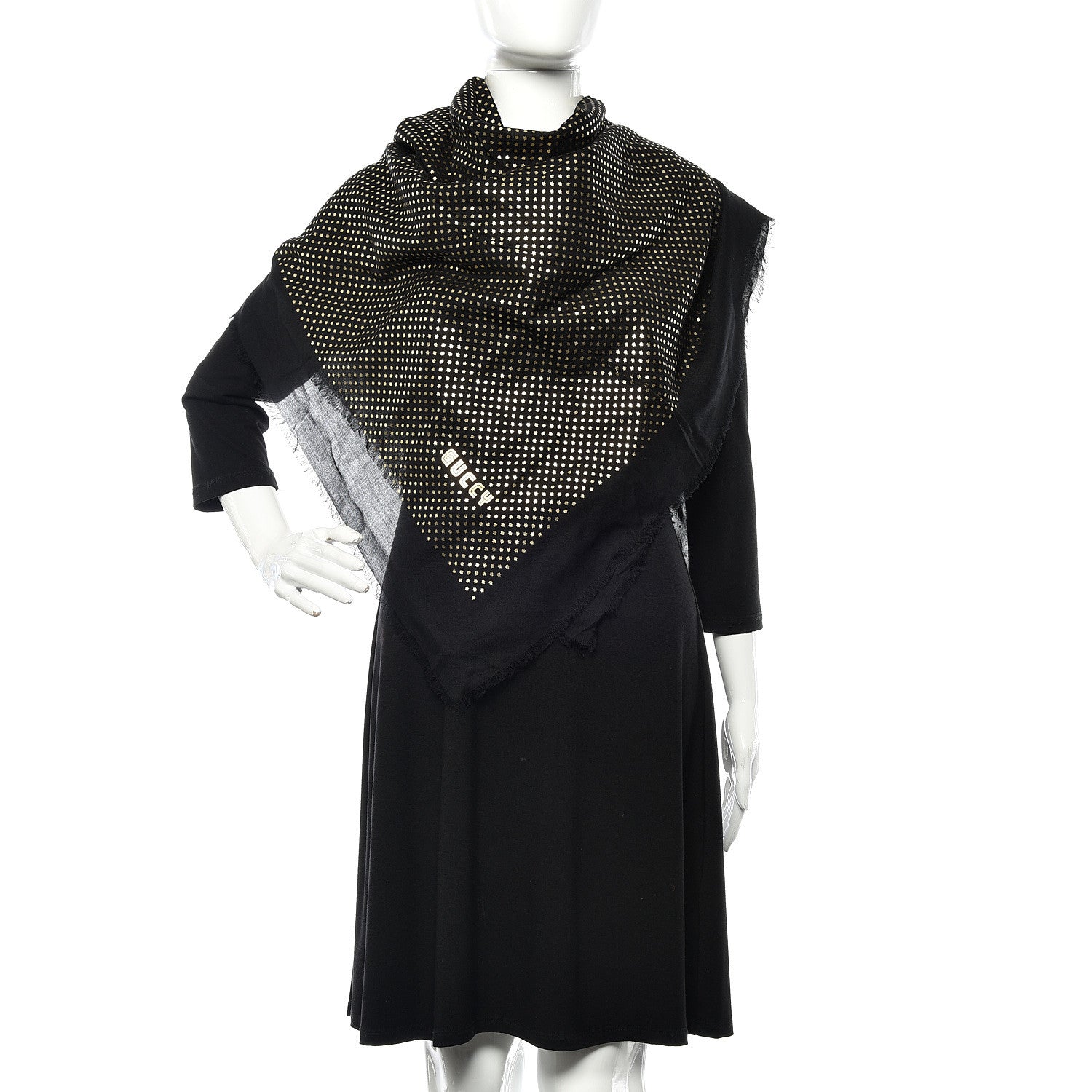 Gucci X SEGA Modal Cashmere GUCCY Stars Print Shawl Black Gold 2 of 4