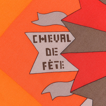 Hermes Cashmere Silk Cheval De Fete Shawl 140 Orange Vermillon White 3 of 5