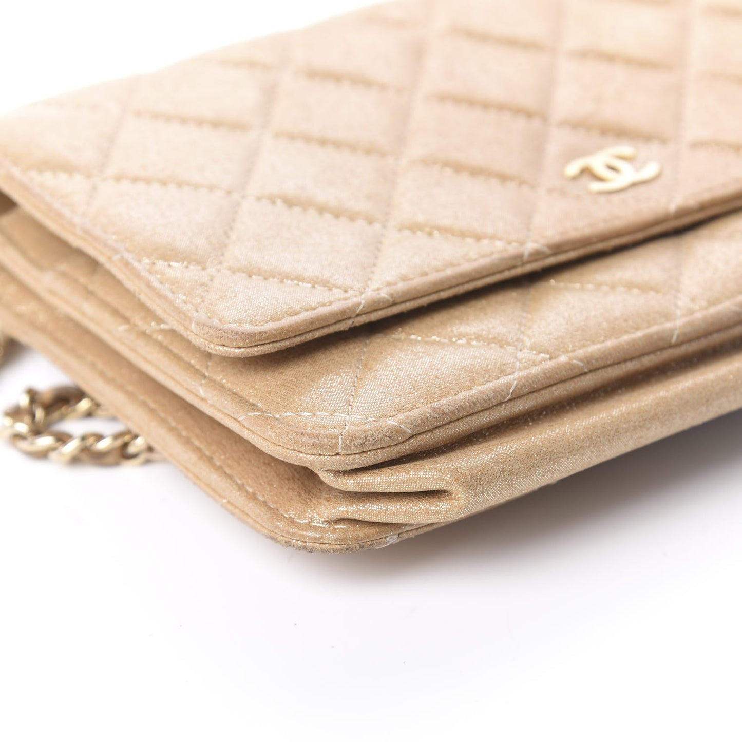 Iridescent Calfskin Quilted Wallet On Chain WOC Gold