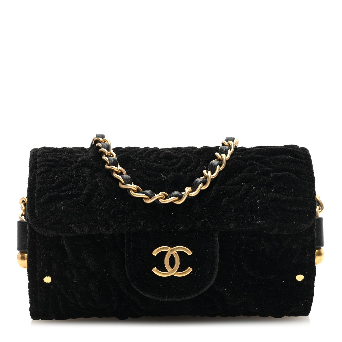 Velvet Camellia Embossed Jewel Belt Card Holder With Chain Black