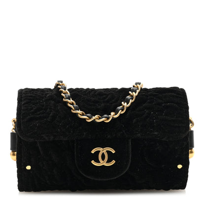 Chanel Velvet Camellia Embossed Jewel Belt Card Holder With Chain Black 1 of 10