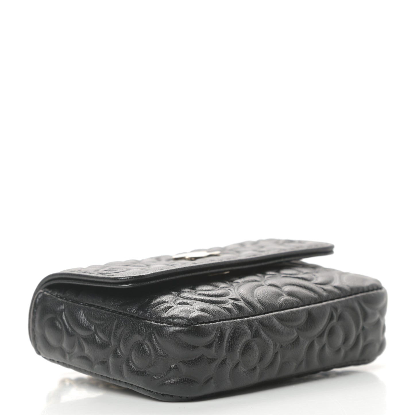 Lambskin Camellia Embossed Chain Belt Bag Black