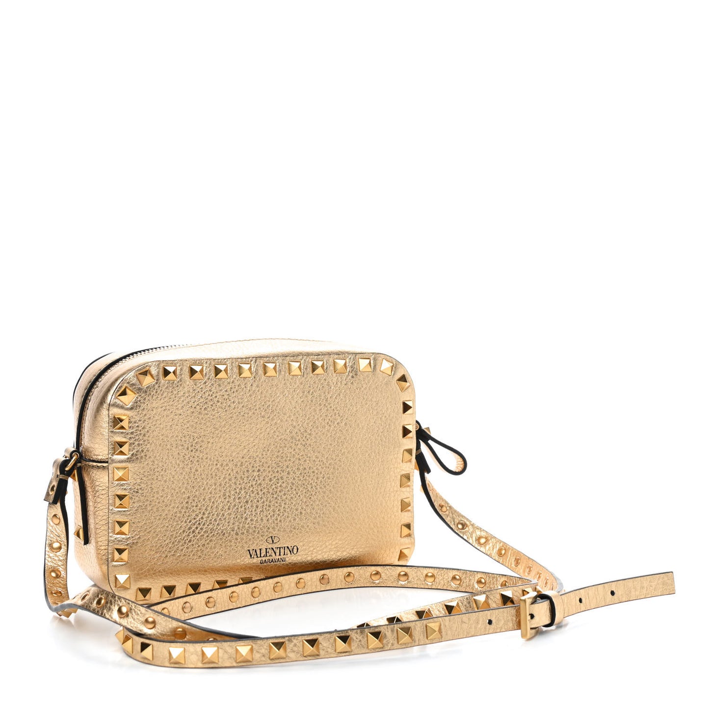 Metallic Pebbled Calfskin Rockstud Camera Crossbody Bag Gold