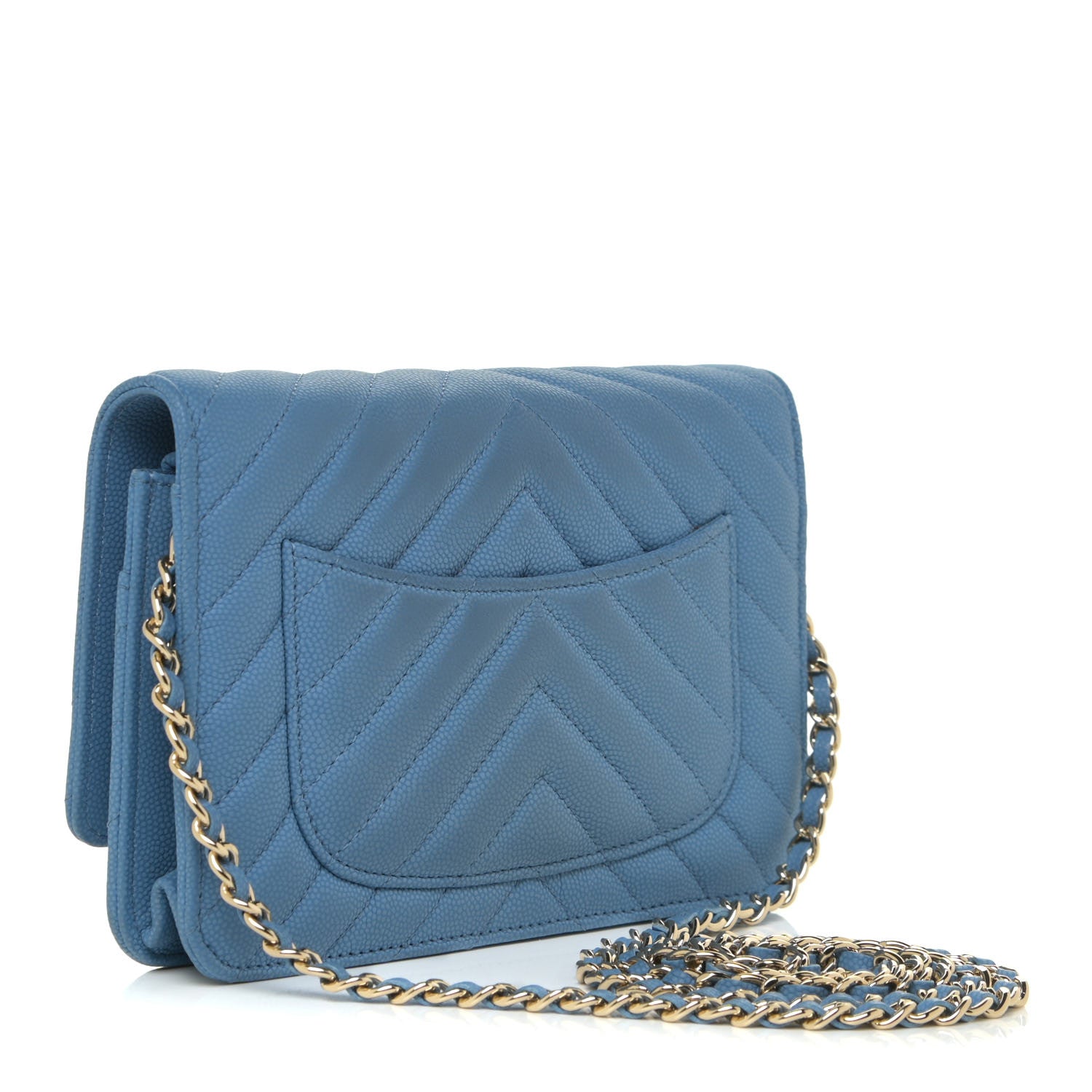 Chanel Caviar Flat Chevron Quilted Wallet On Chain WOC Blue 2 of 16