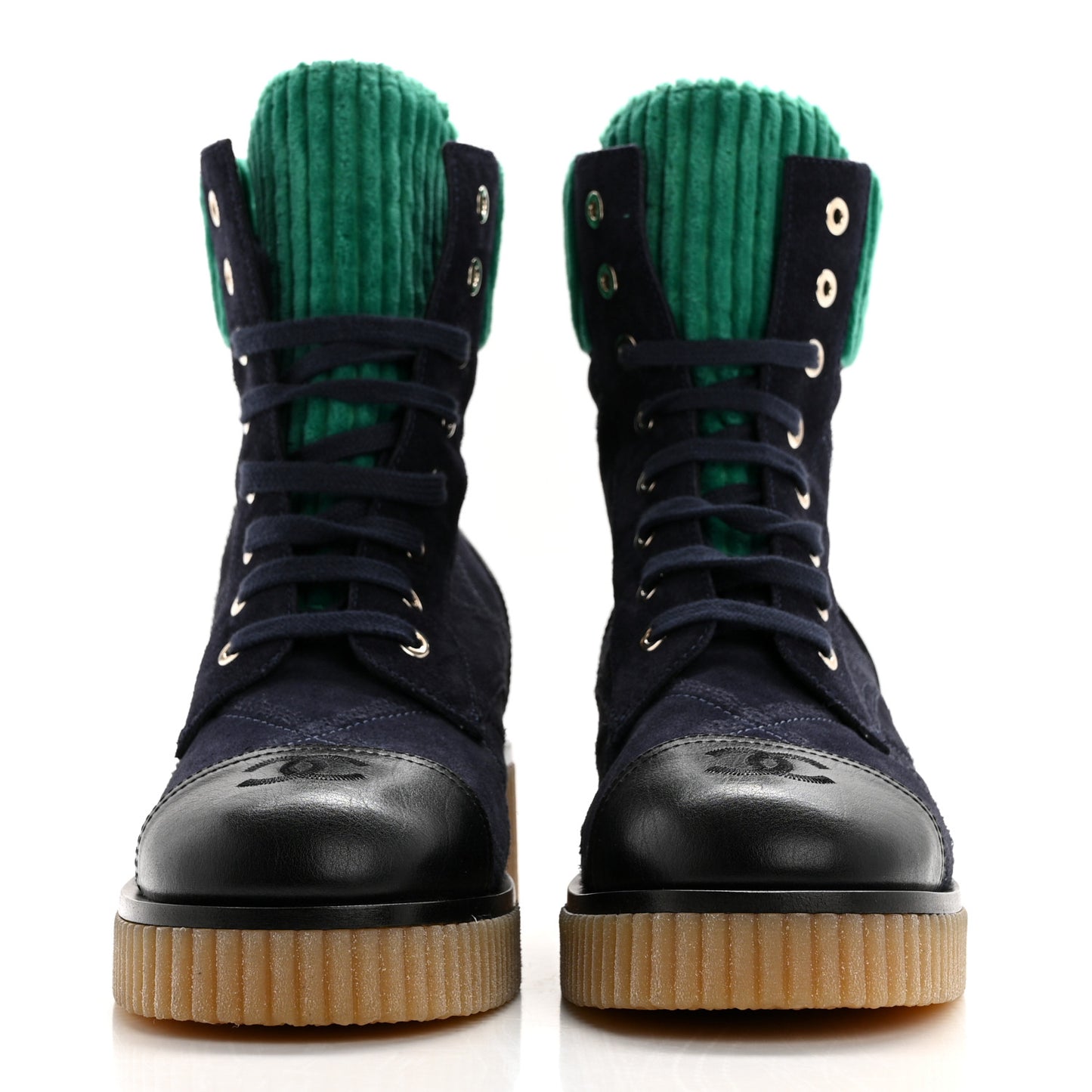 Suede Calfskin Velvet Quilted CC Combat Boots 38.5 Navy Green Black