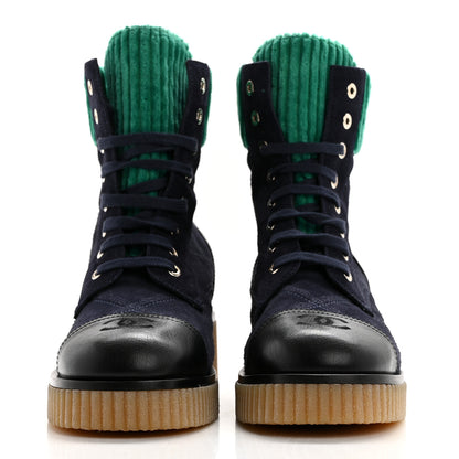 Chanel Suede Calfskin Velvet Quilted CC Combat Boots 38.5 Navy Green Black 2 of 12