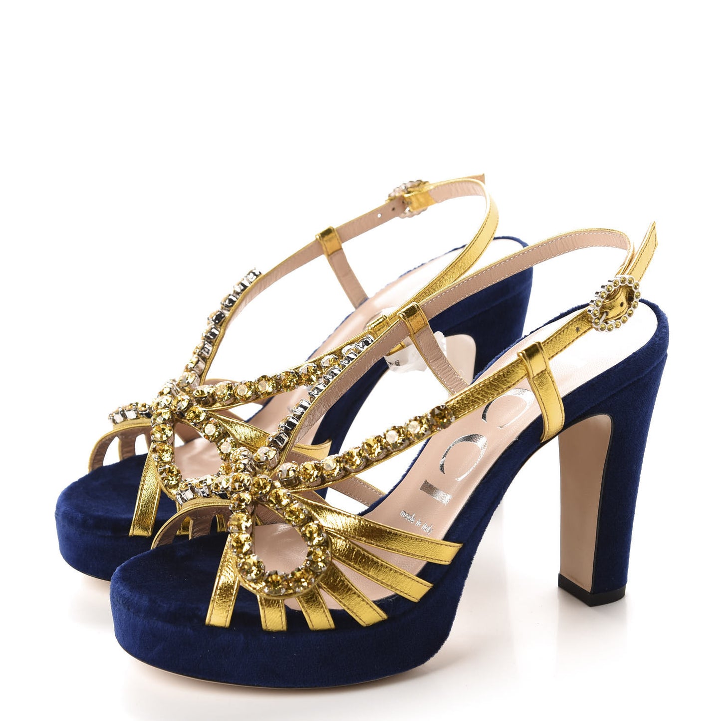 Velvet Nappa Crystal Zephyra Slingback Platform High Heel Sandals 36 Blue Gold