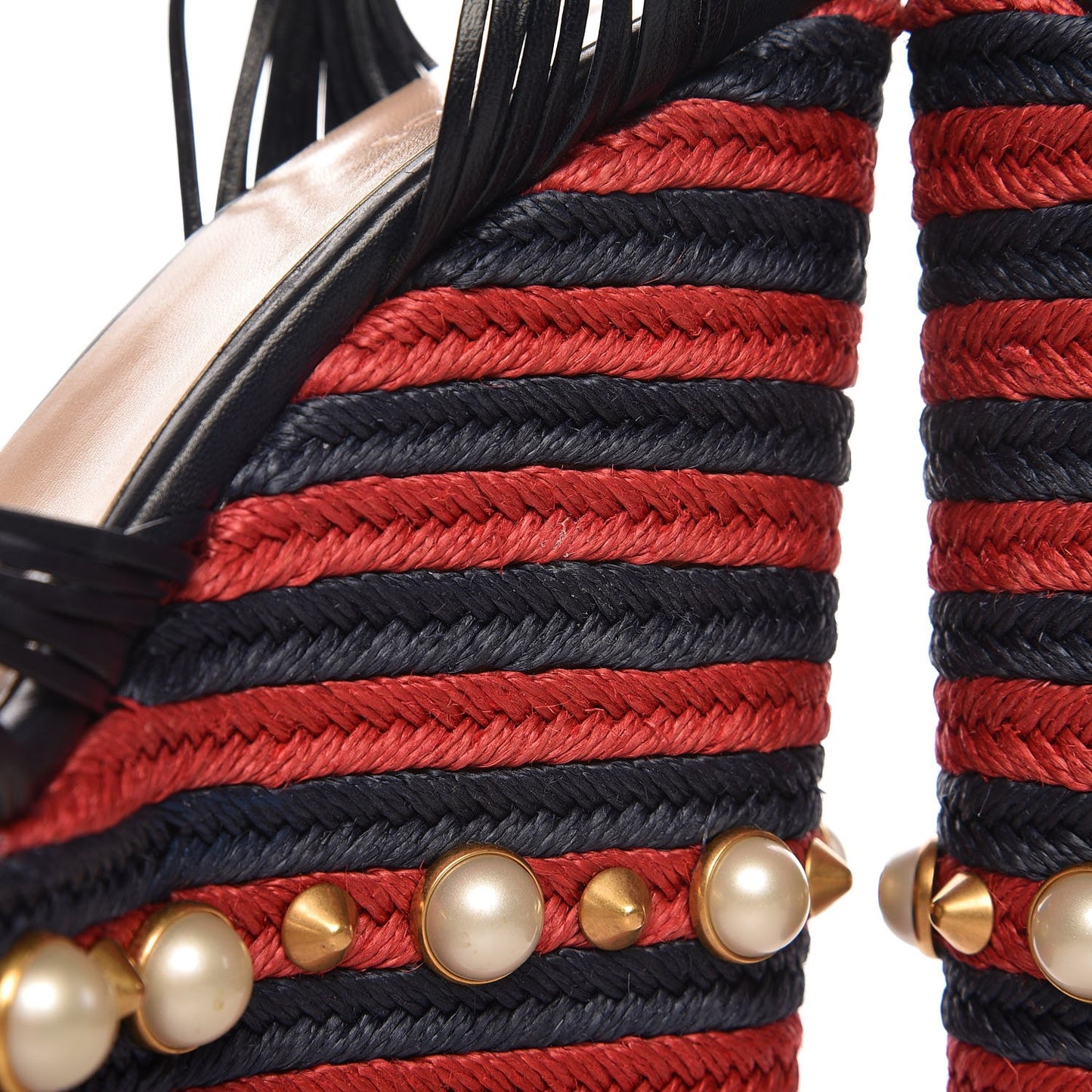 Raffia Calfskin Pearl Embellished Barbette Espadrille Platform Wedge Sandals 36.5 Midnight Blue Red