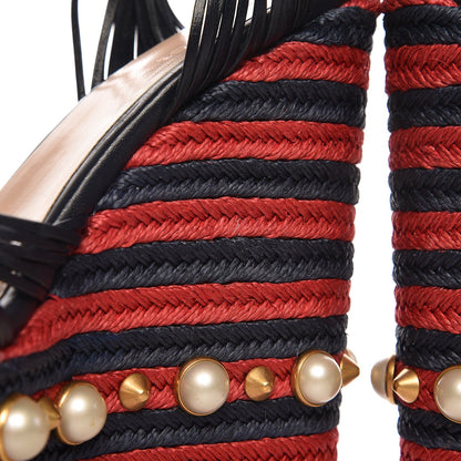 Gucci Raffia Calfskin Pearl Embellished Barbette Espadrille Platform Wedge Sandals 36.5 Midnight Blue Red 12 of 12