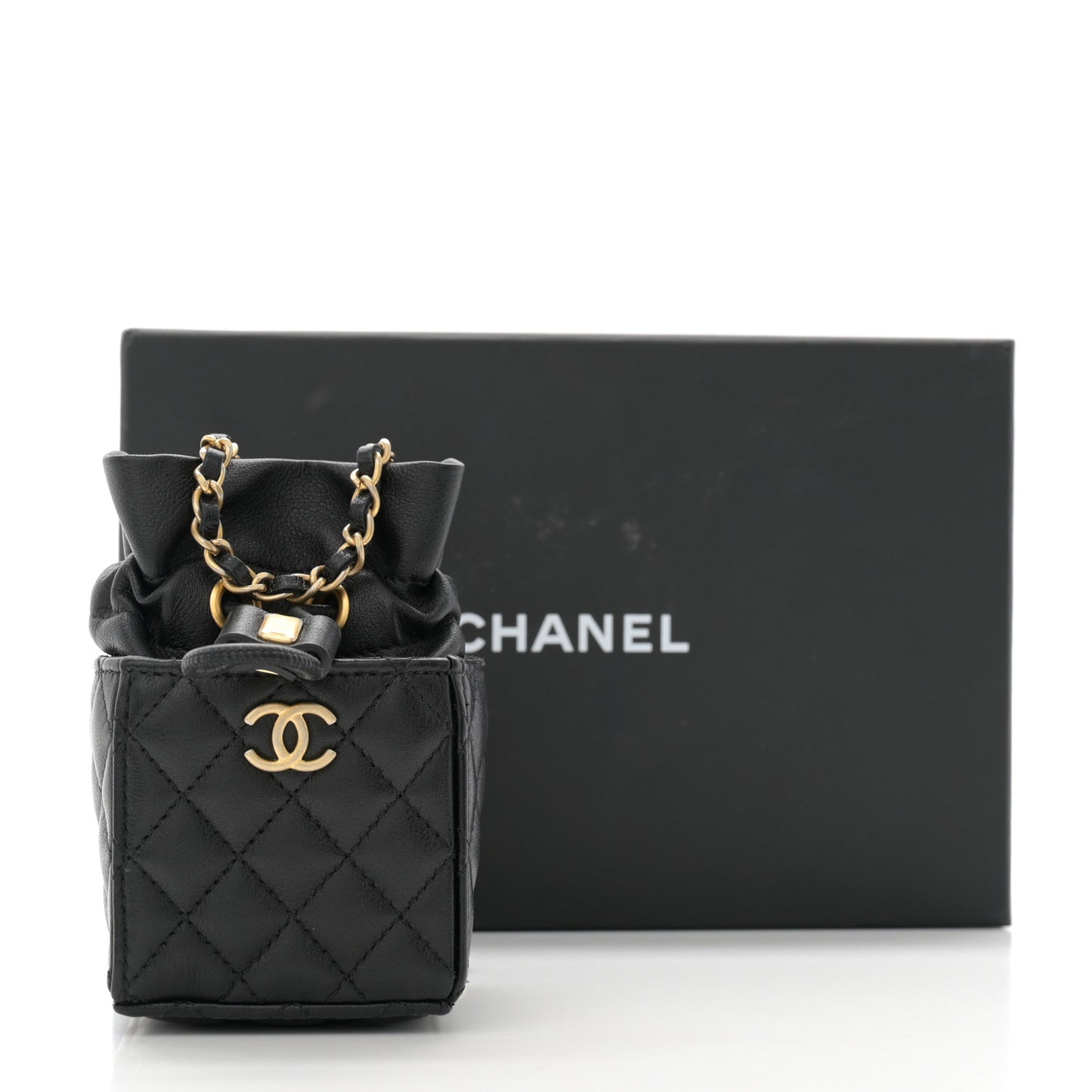 Calfskin Quilted Mini Drawstring Bucket Bag Black