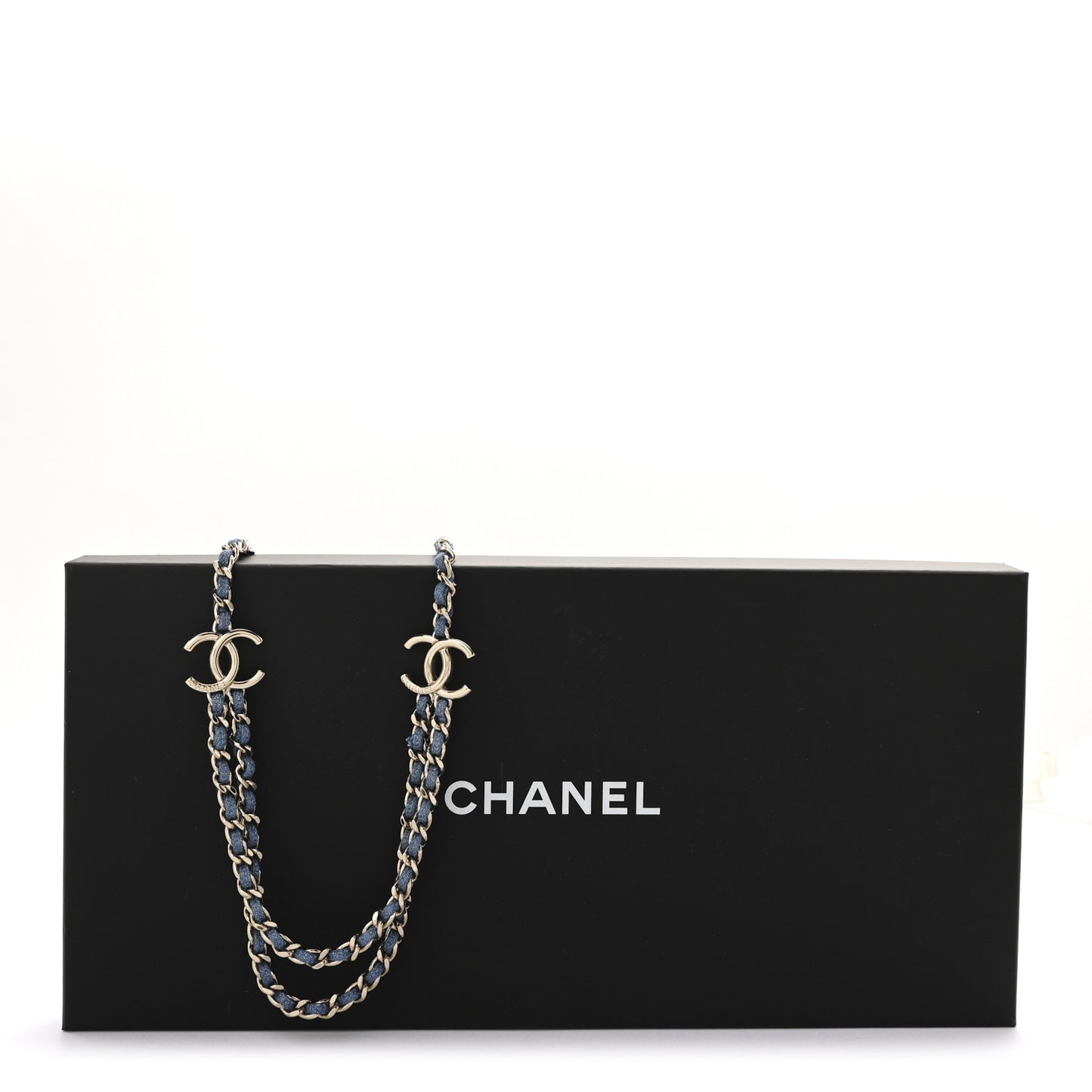 Metal Denim CC Double Chain Long Necklace Blue Gold