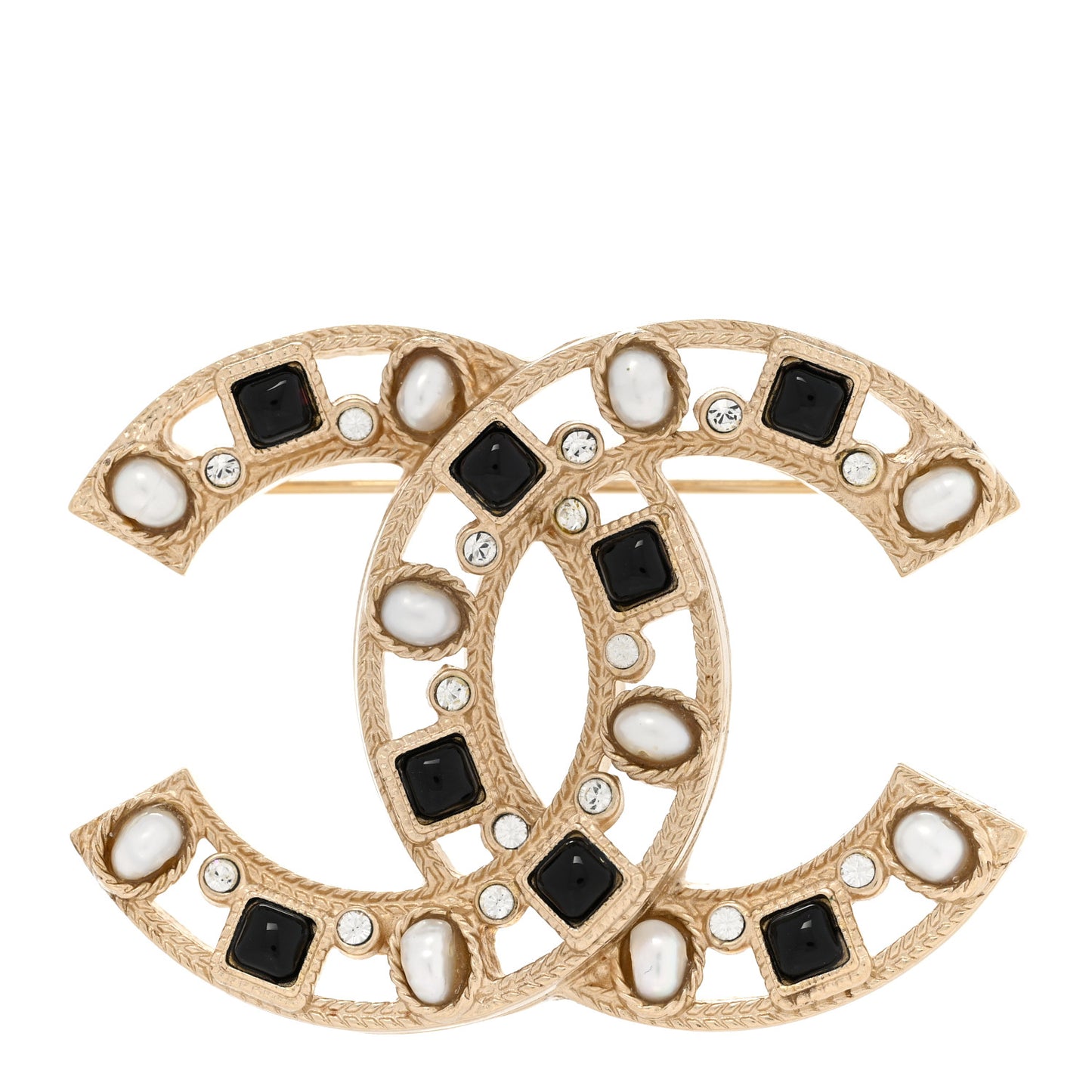 Pearl Crystal CC Brooch Black Gold