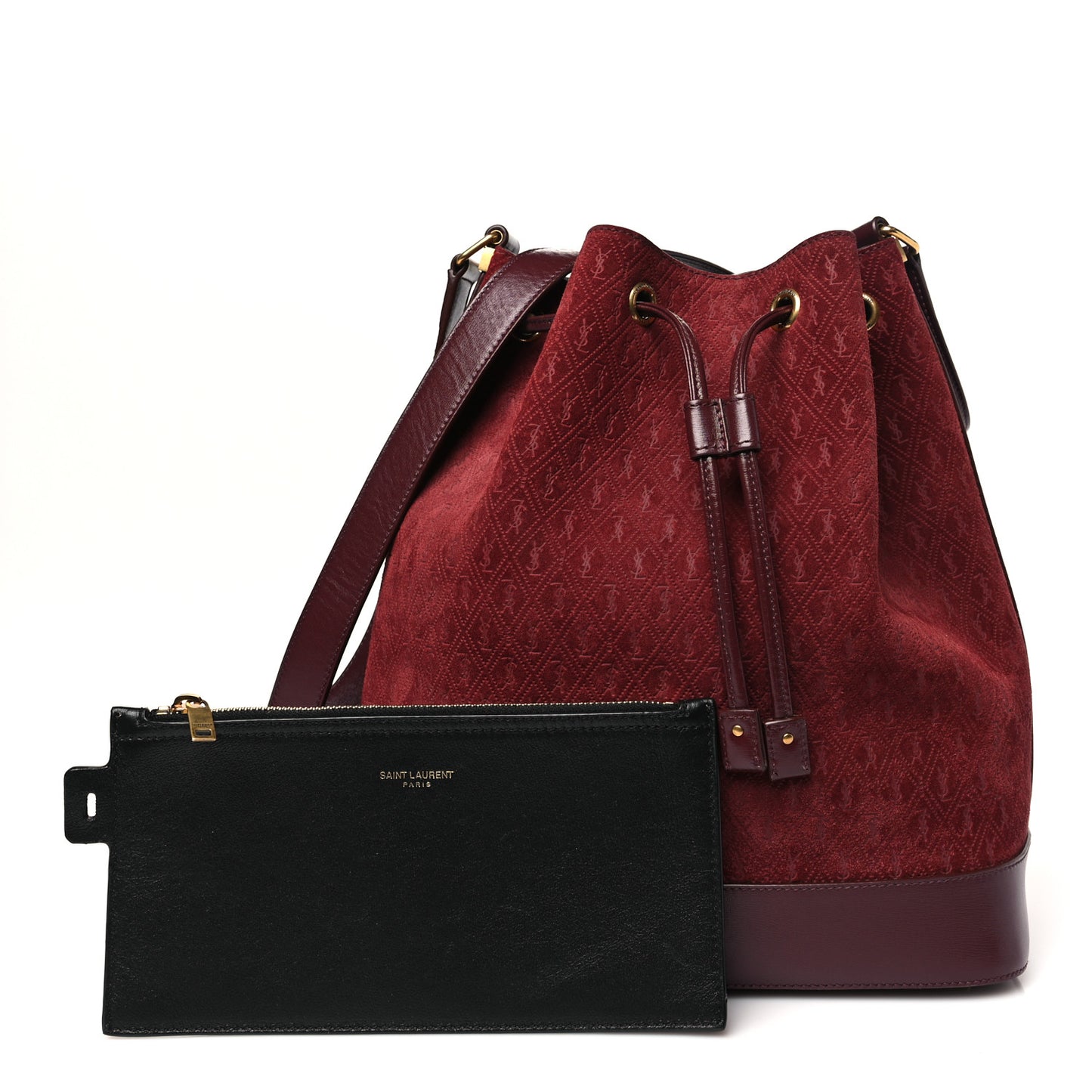 Suede All-Over Monogram Bucket Bag Burgundy