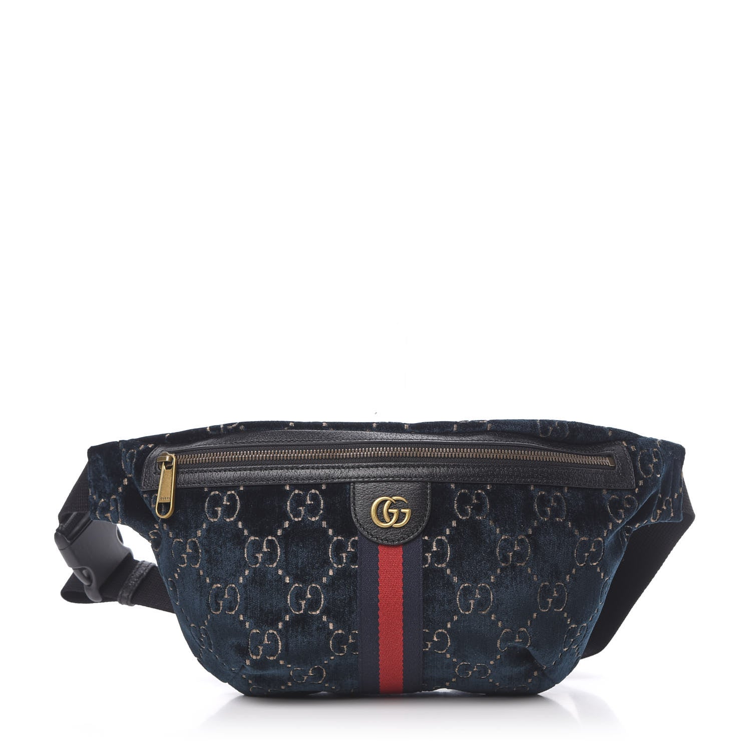 Gucci Velvet GG Monogram Web Belt Bag Blue Beige 1 of 10