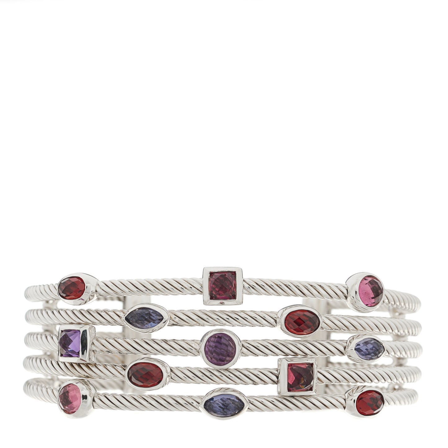 Sterling Silver Garnet Iolite Amethyst Pink Tourmaline Confetti Five Row Bracelet