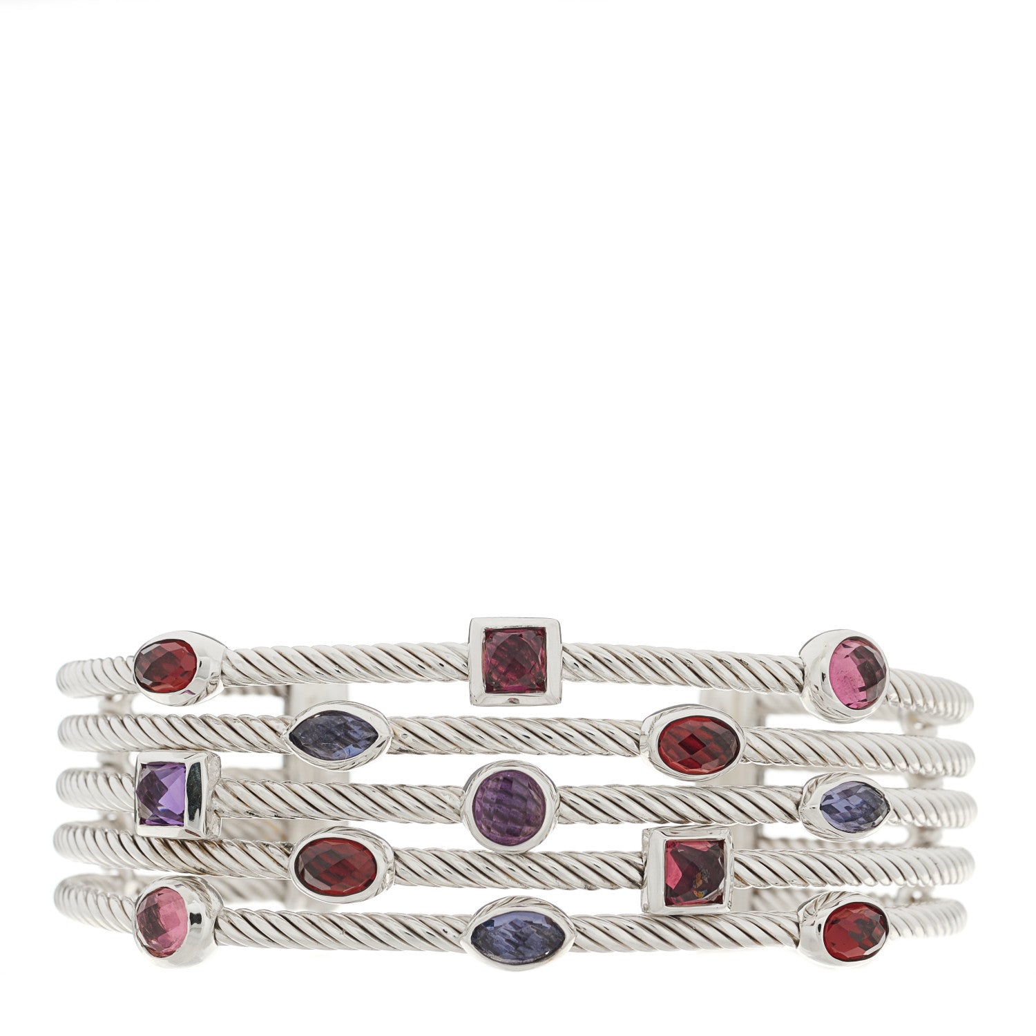 David Yurman Sterling Silver Garnet Iolite Amethyst Pink Tourmaline Confetti Five Row Bracelet 1 of 3
