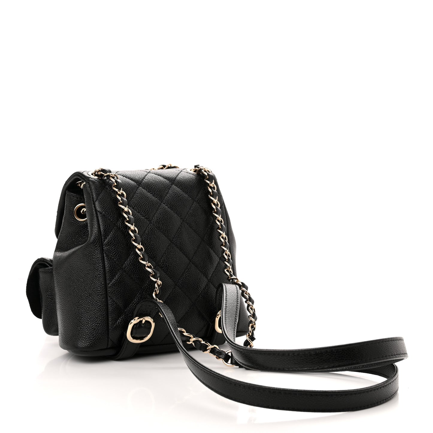 Shiny Caviar Quilted Small Duma Pockets Drawstring Backpack Black