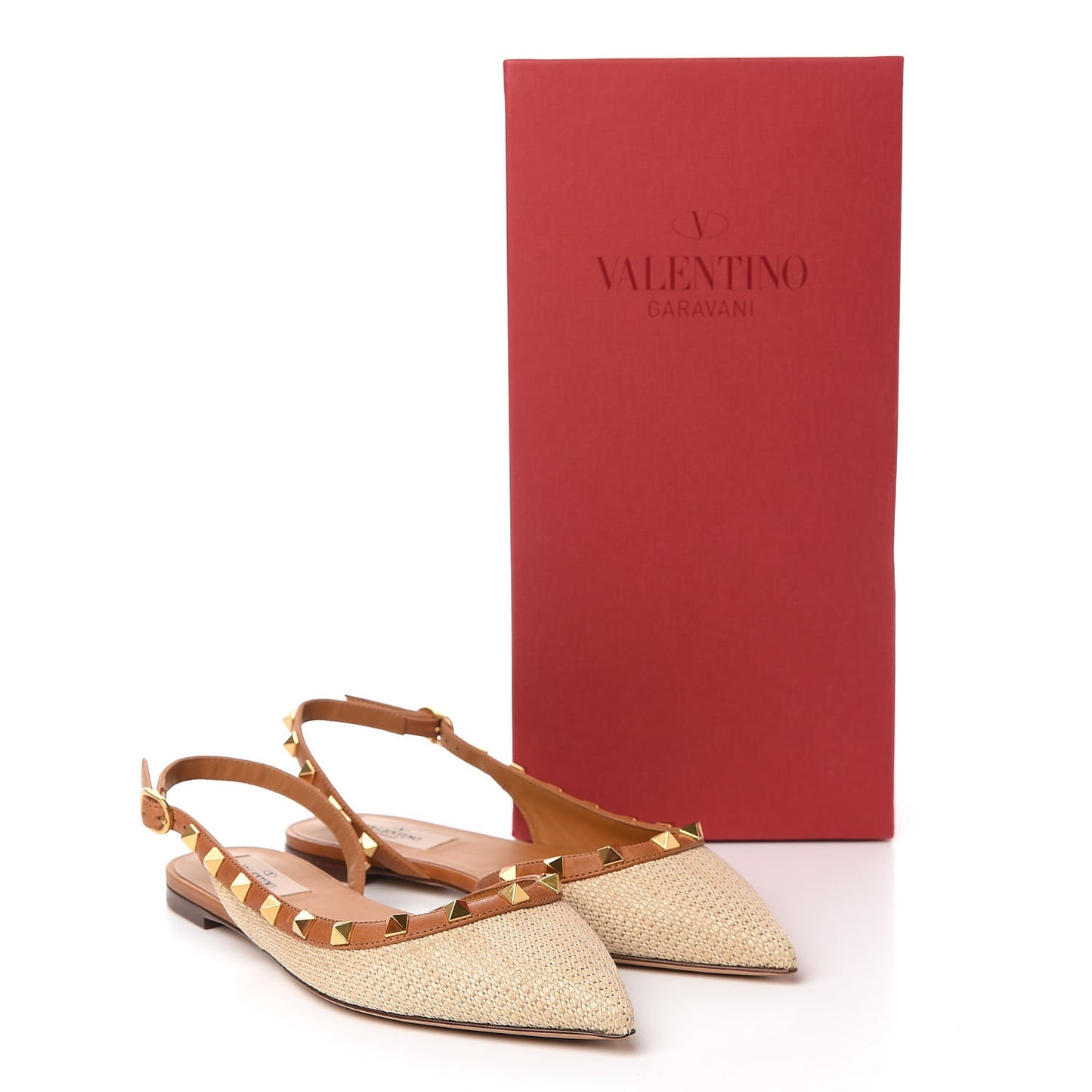Raffia Calfskin Rockstud Slingback Flats 36 Naturale