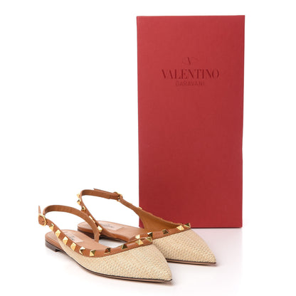 Valentino Garavani Raffia Calfskin Rockstud Slingback Flats 36 Naturale 9 of 9