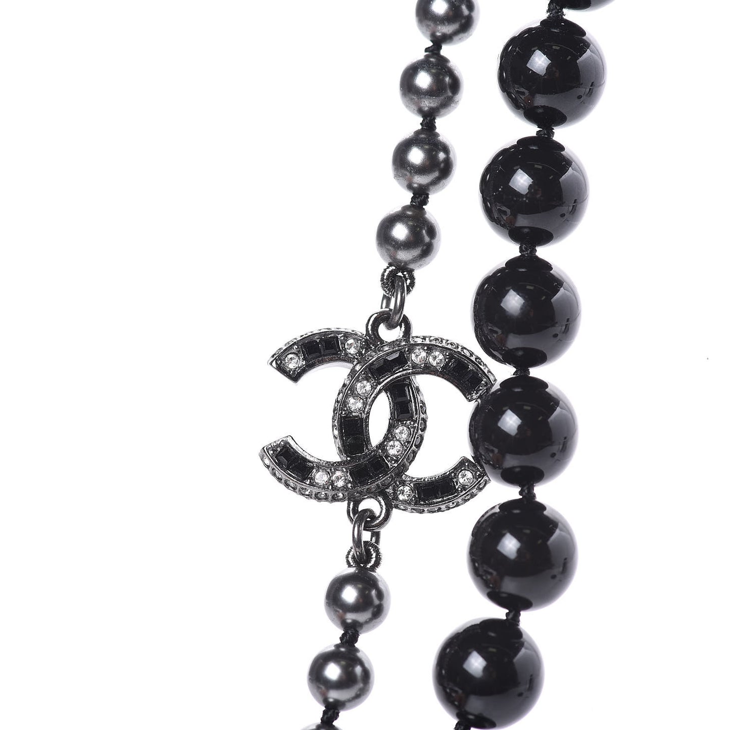 Ruthenium Crystal Baguette Pearl Beaded CC Long Necklace Black Grey