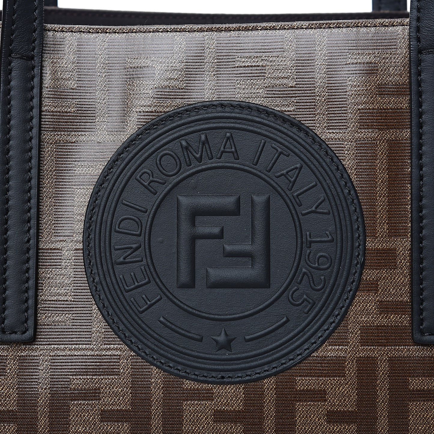 Glazed Fabric Vitello Century FF 1974 Stamp Patch Shopping Tote Mogano Panna Black
