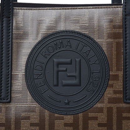 Fendi Glazed Fabric Vitello Century FF 1974 Stamp Patch Shopping Tote Mogano Panna Black 9 of 10