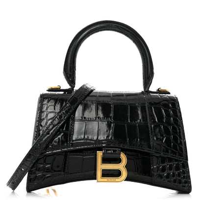 Balenciaga Shiny Calfskin Crocodile Embossed Hourglass Top Handle Bag XS Black 1 of 11
