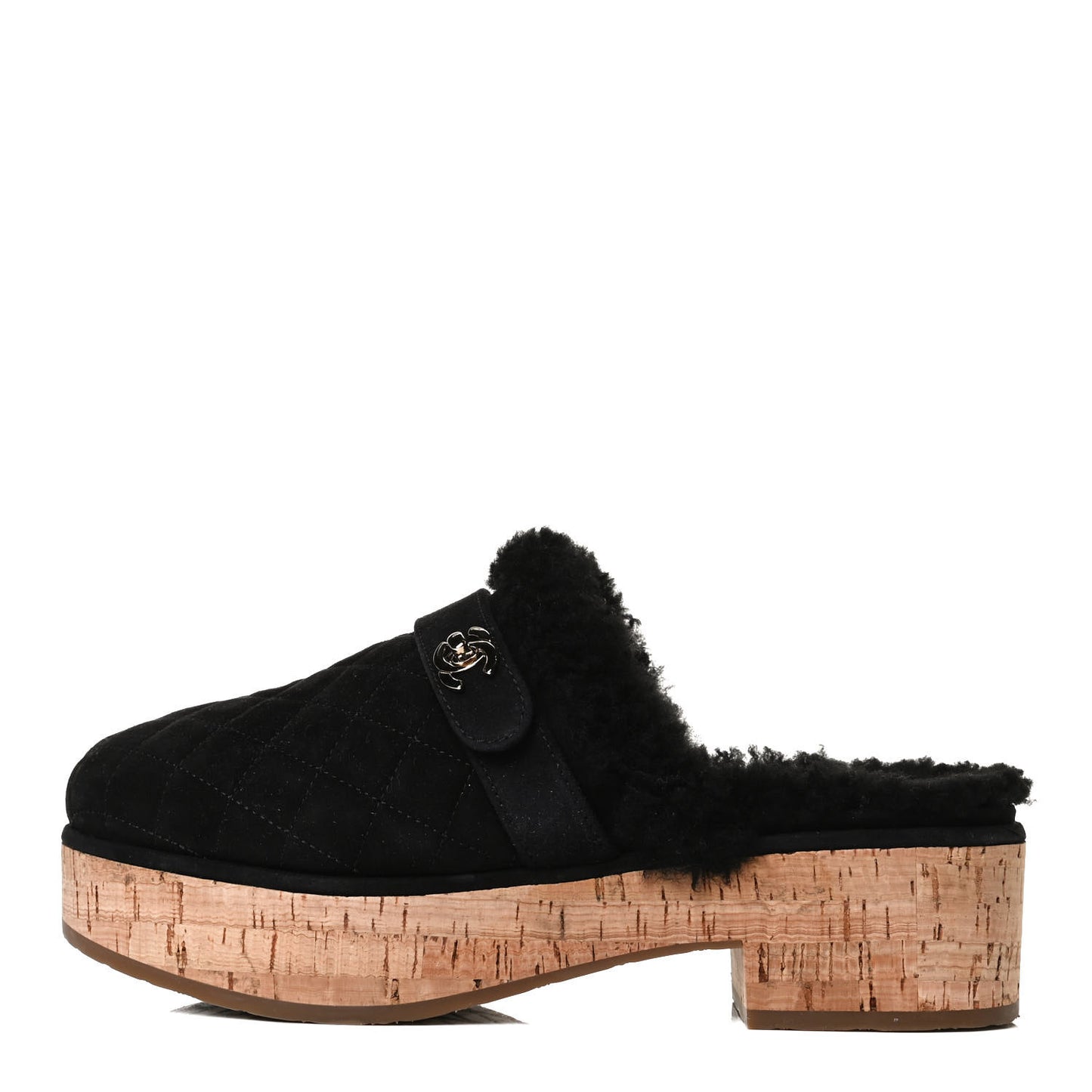 Suede Calfskin Shearling Turn Lock Clogs 38 Black