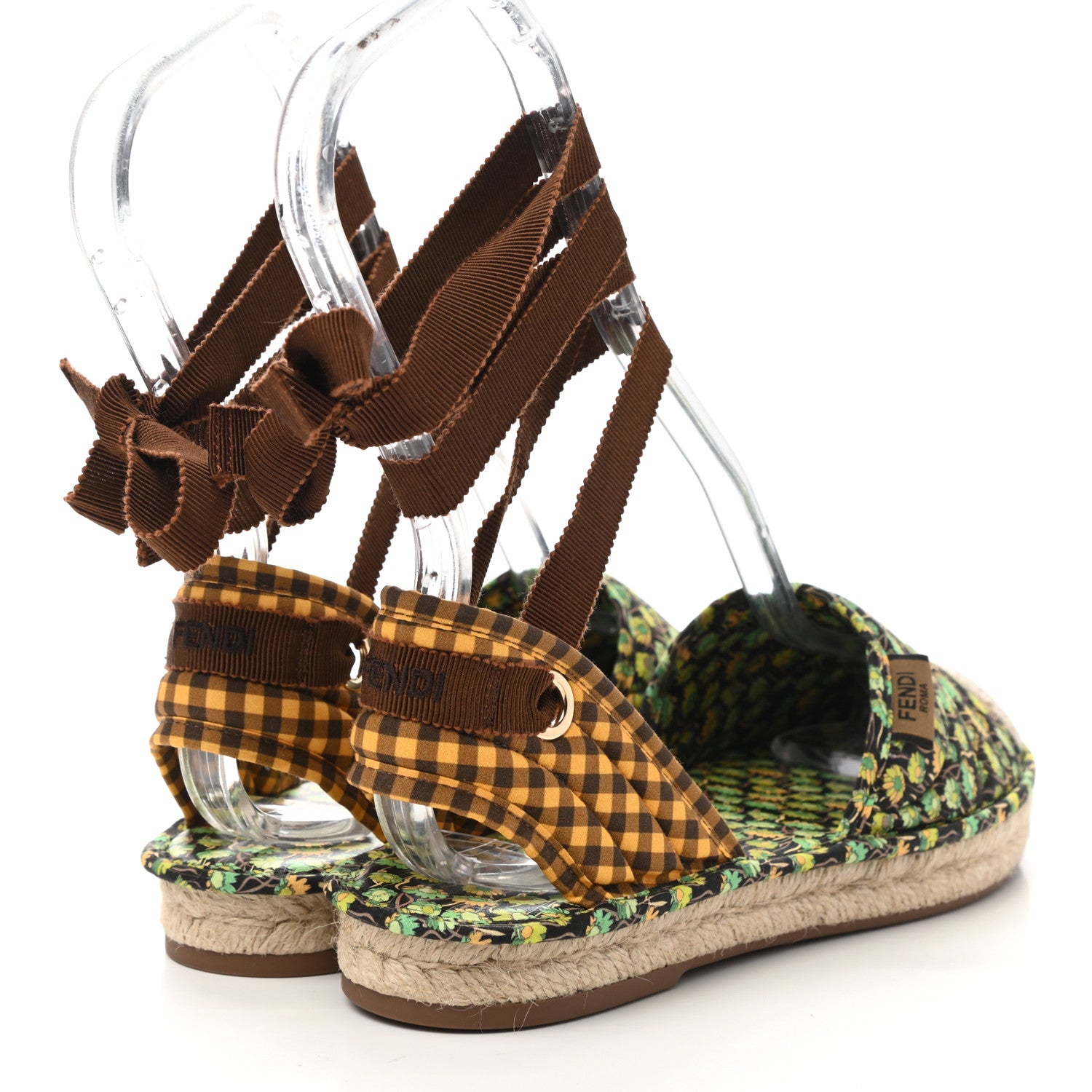 Fendi Canvas Quilted Floral Print Gingham Ankle Wrap Flat Espadrilles 36 Multicolor 4 of 8