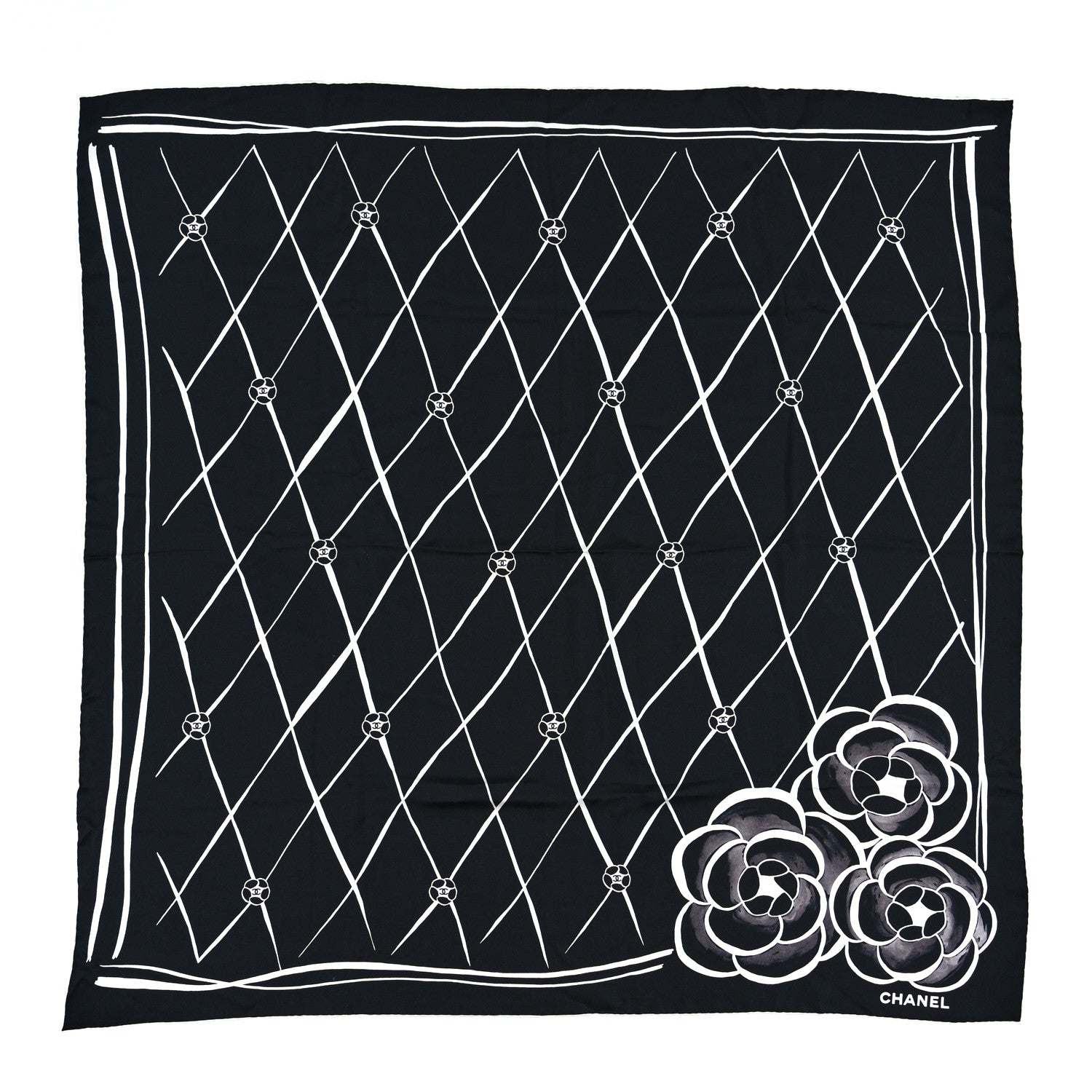 Chanel Silk CC Logo Camellia Scarf Black White 1 of 4
