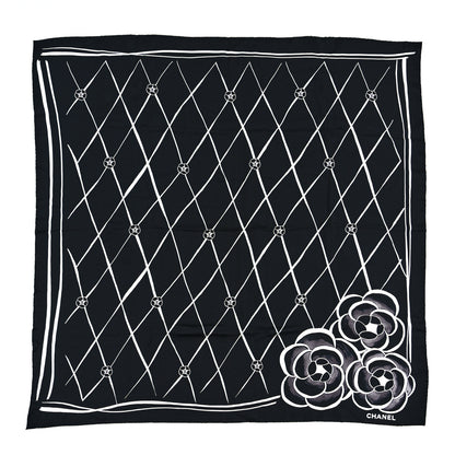 Chanel Silk CC Logo Camellia Scarf Black White 1 of 4