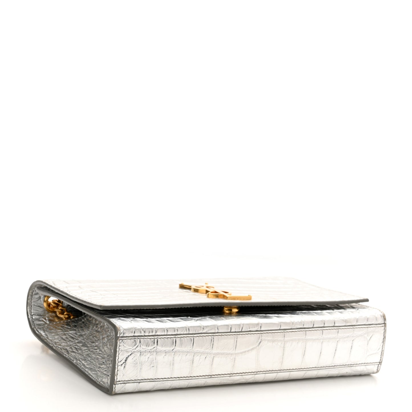 Calfskin Crocodile Embossed Monogram Chain Wallet Argento