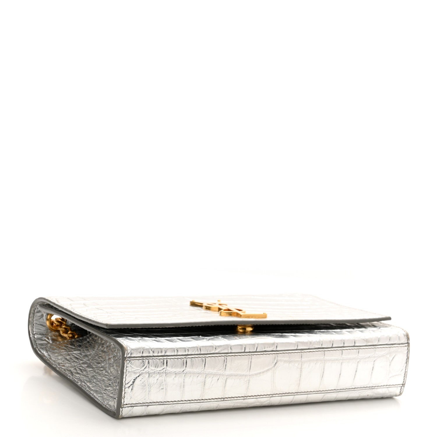 Saint Laurent Calfskin Crocodile Embossed Monogram Chain Wallet Argento 4 of 11
