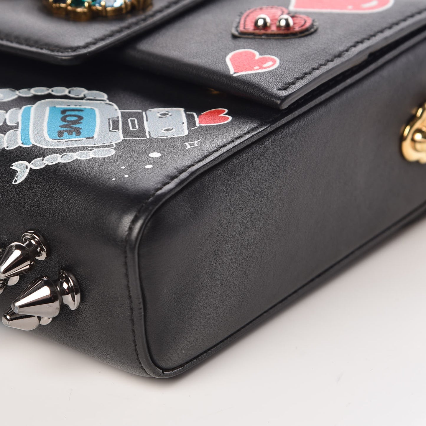 Crystal Embellished Calfkskin Mini Milennials Robot Satchel Black
