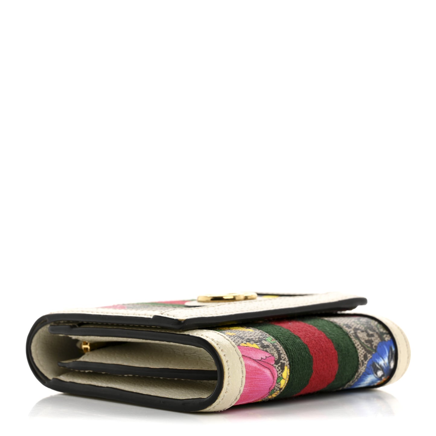 GG Supreme Monogram Flora Textured Calfskin Web Ophidia Card Case Wallet Beige Ebony Multicolor Mystic White