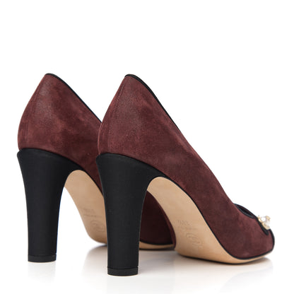 Chanel Glitter Calfskin Grosgrain Cap Toe Pearl Pumps 38.5 Burgundy Black 4 of 10