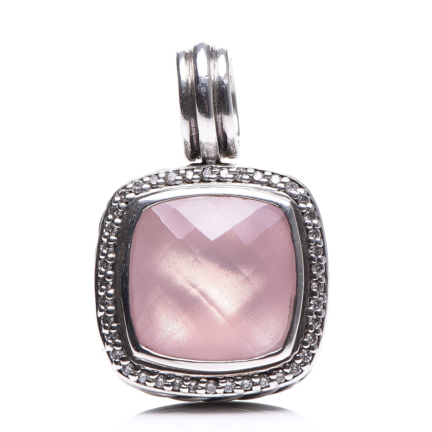 Sterling Silver Pave Diamond Rose Quartz 14mm Albion Enhancer Pendant