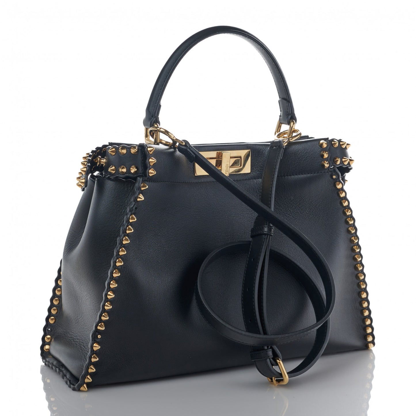 Vitello Seta Shiny Nappa Scalloped Studded Medium Peekaboo Iconic Satchel Black