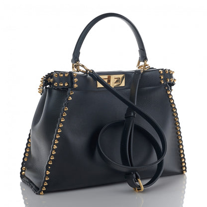 Fendi Vitello Seta Shiny Nappa Scalloped Studded Medium Peekaboo Iconic Satchel Black 3 of 15