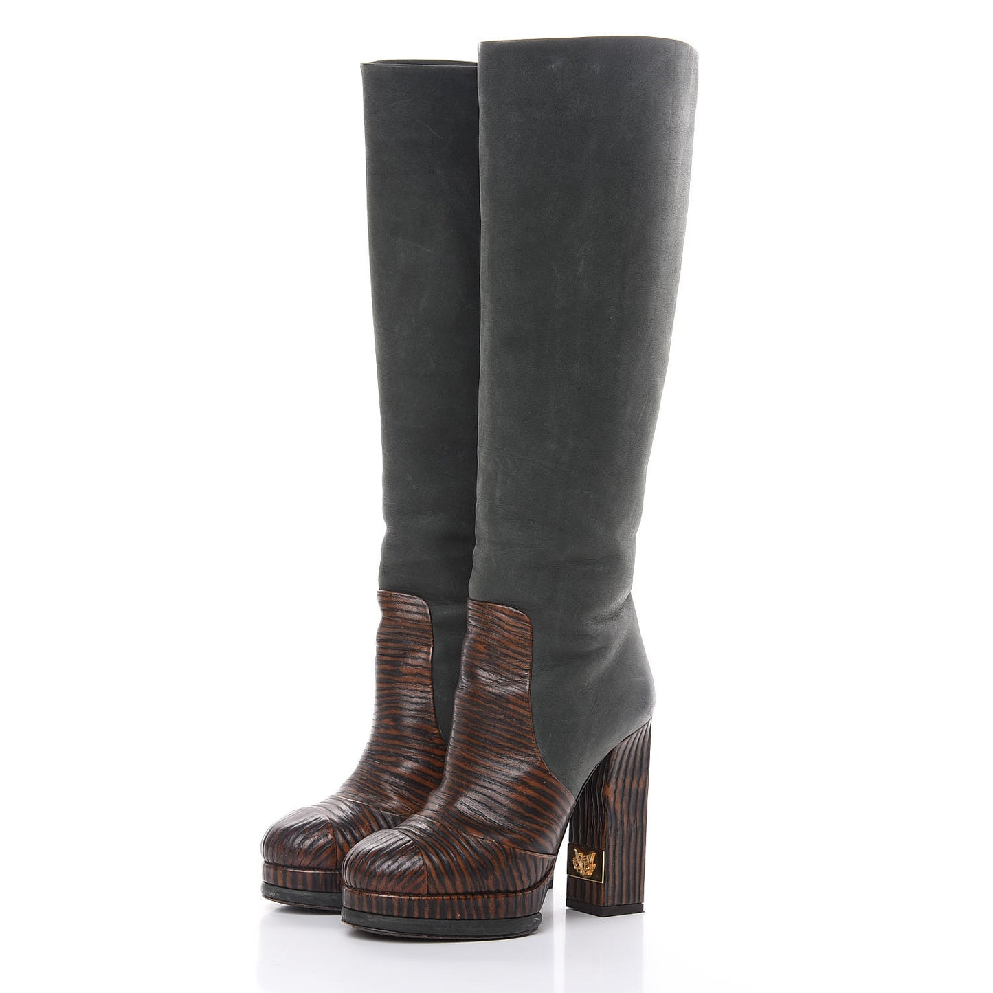 Waxed Suede Calfskin Knee High Boots 35.5 Black Dark Brown