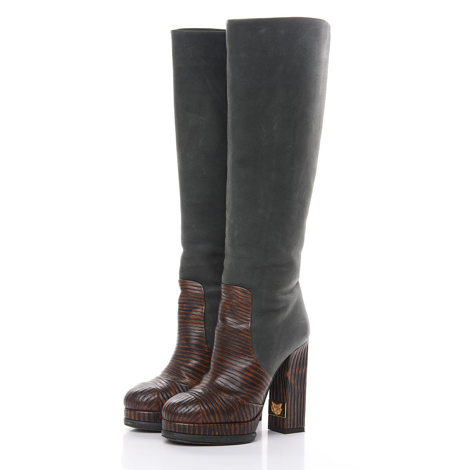 Chanel Waxed Suede Calfskin Knee High Boots 35.5 Black Dark Brown 3 of 13